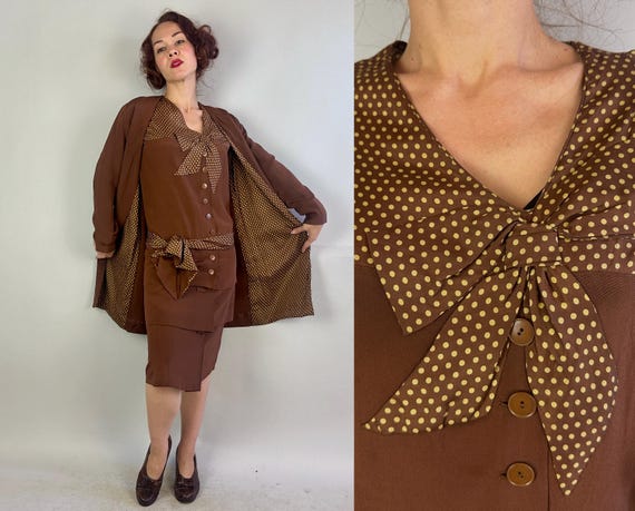 1920s Decadent Deco Dress Ensemble | Vintage Late 20s Brown Silk with Yellow Polkadots 3-Piece Flapper Set with Jacket and Belt | Small