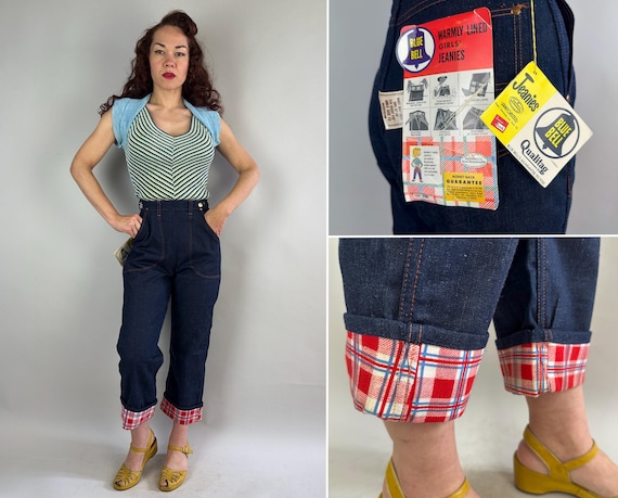 1950s Jeanie's Juke Box Joint Jeans | Vintage 50s Deadstock Blue Denim Cotton Side Zip Dunagarees with Red Plaid Lining | Extra Small XS