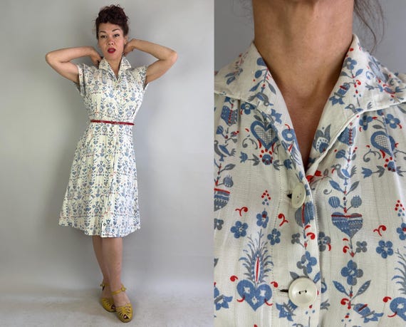 1940s Lovely Little Love Birds Dress | Vintage 40s White Cotton Button Up Frock w/Blue Grey & Red Floral Hearts Novelty Print | Medium
