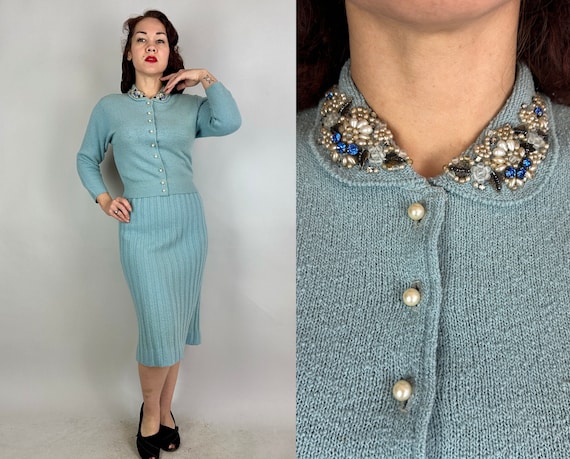 1950s Beautiful Betty in Blue Knit Dress Set | Vintage 50s Wool Sweater Cardigan Beaded Rhinestone Top and Skirt | Small Medium Large