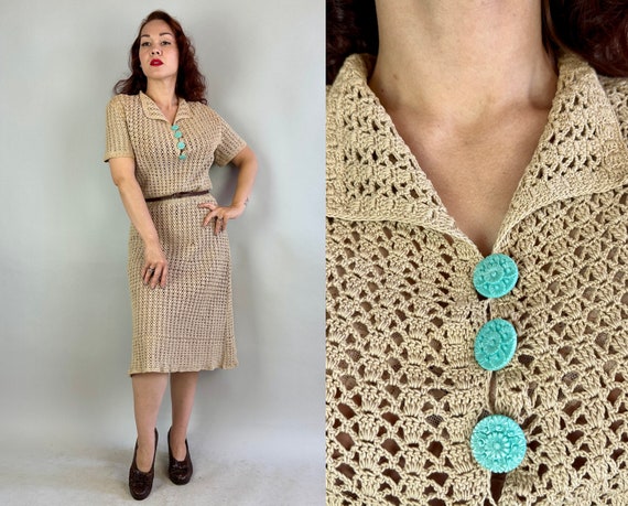 1930s Crafty Clara Crochet Dress | Vintage 30s Milk Tea Beige Cotton Open Stitch Work Frock with Blue Buttons | Medium Large Extra Large XL