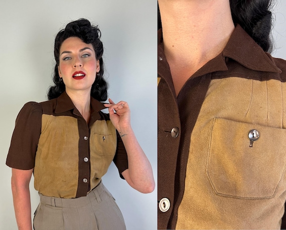 1930s Sporty Starlet Shirt | Vintage 30s Two Tone Brown Beige Suede and Wool Crepe Block Button Up Blouse with Puff Sleeves | Small Medium