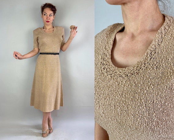 1950s Get That Gold Knit Dress Set | Vintage 50s Golden Lurex and Beige Boucle Wool Frock w/ Matching Slip & Extra Yarn Ball! | Small Medium