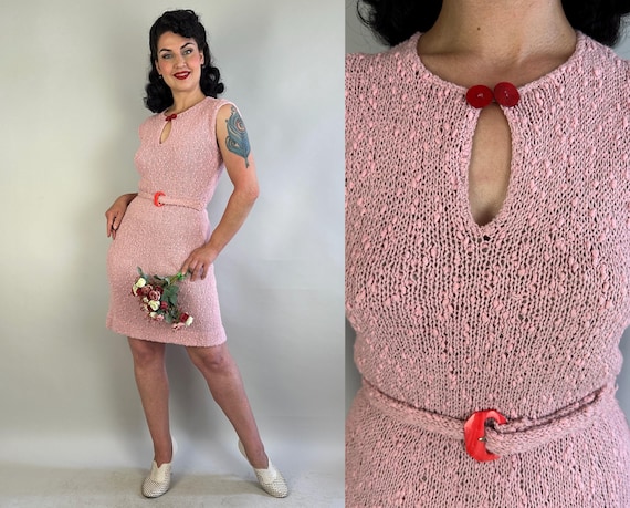 1950s Sugary Sweet  Knit Dress | Vintage 50s Two Piece Pink Slubby Wool Knitwear Frock with Red Accents Keyhole and Belt | Medium Large XL