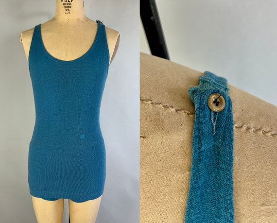 1920s Terrific in Turquoise Swimsuit | Vintage 20s Blue Green Wool Art Deco One Piece Bathing Suit Swim Costume with Button | Small Medium