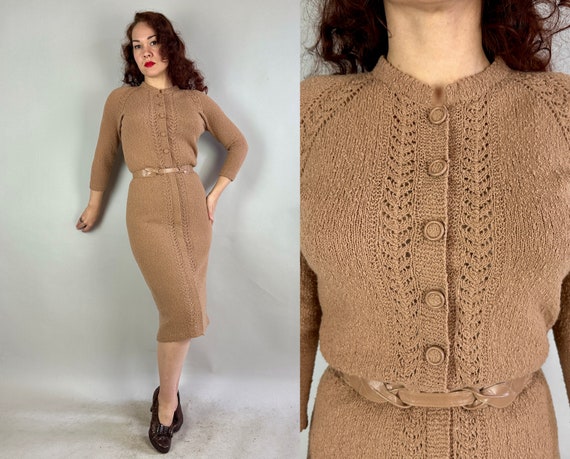 1950s Lovely Latté Knit Dress | Vintage 50s Beige Brown Boucle Wool Knit Frock w/Decorative Lace Stitch & Leather Leaf Belt | Small Medium