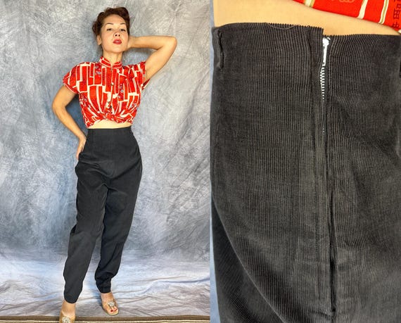 1950s Bad Girl Babe Cigarette Pants | Vintage 50s Black Corduroy High Waist Tapered Trousers with Side Zip & Belt Loops | Extra Large XL