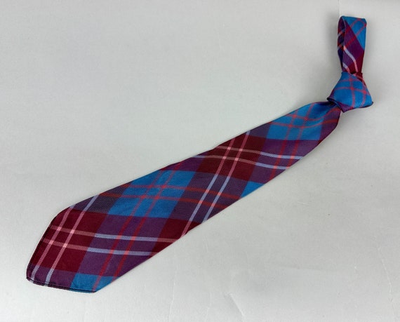 1930s Perfectly Plaid Necktie | Vintage 30s Blue Purple Red and White Tartan Silk Self Tie Cravat from “Flint & Kent”