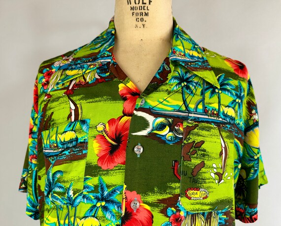 1950s Hawaiian Holiday Shirt | Vintage 50s Green Blue Brown and Coral Rayon Tiki Button Up Top with Tropical Scenes | Extra Large XL View 2
