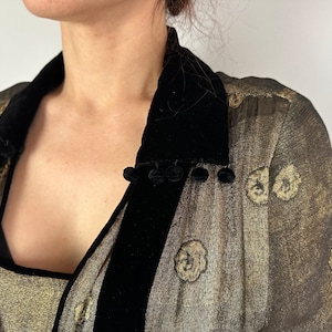 May include: A gold and black sheer blouse with a velvet collar and trim. The collar has a row of black buttons.