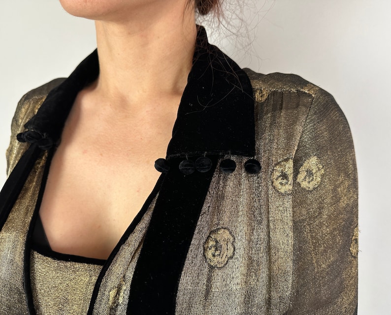 May include: A gold and black sheer blouse with a velvet collar and trim. The collar has a row of black buttons.