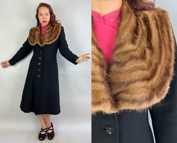 1930s Portrait Perfect Coat  | Vintage 30s Black Nubby Wool Overcoat with Large Striped Brown Mink Fur Front Shawl Collar | Small Medium