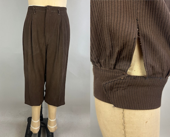 1940s Sport Around Town Knickerbockers | Vintage 40s Two Tone Brown Stripe Wool Plus-Fours Knickers with Suspenders Buttons | 34x28 Medium