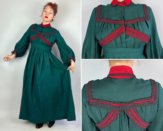 1800s Christmas Carol Dress | Antique Vintage Victorian Forest Green Wool Gown with Poet Sleeves Red Trim and Black Lace and Cord | Large