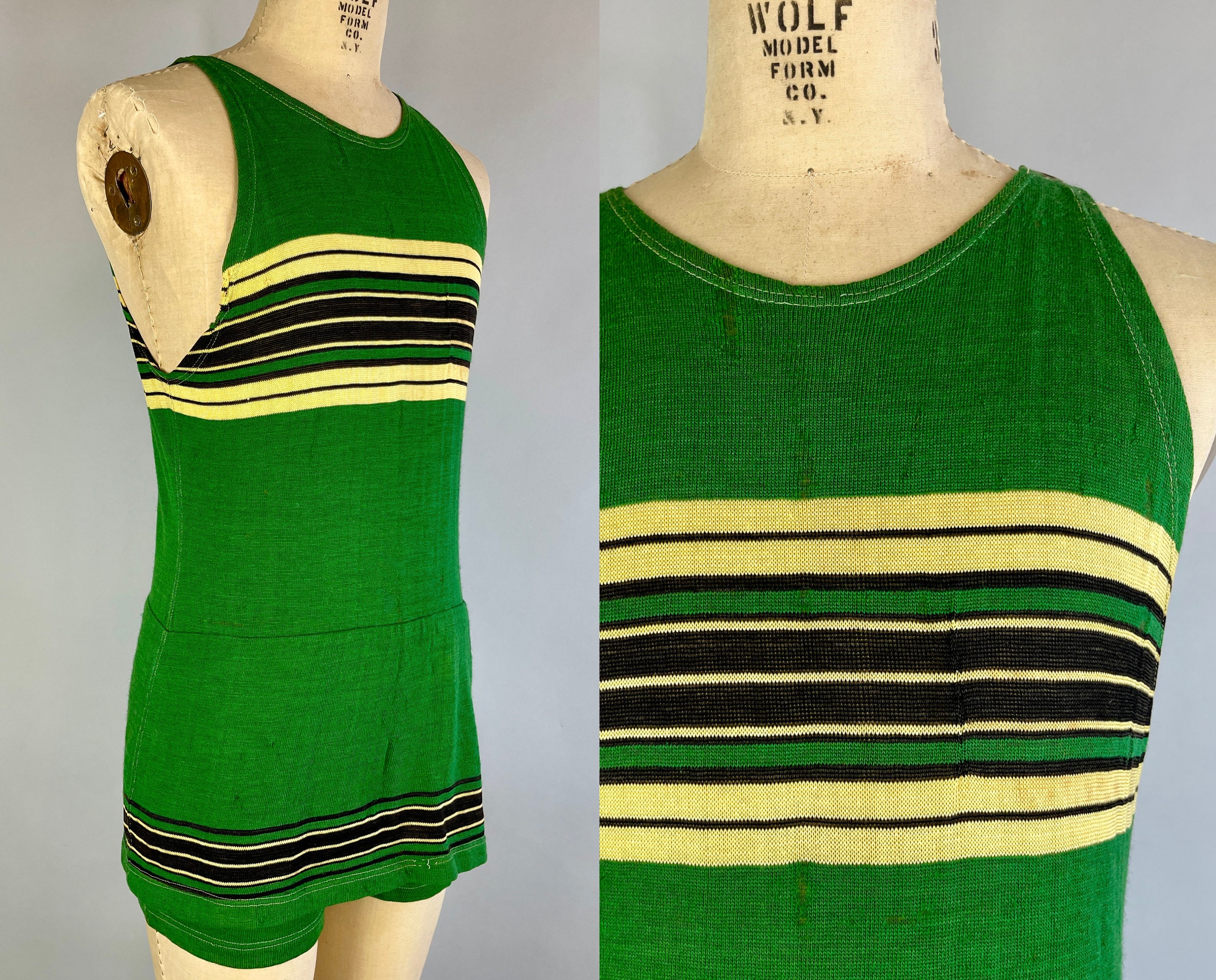 1920s Color Bars Bathing Suit | Vintage Antique 20s 'G&M' Green Wool ...