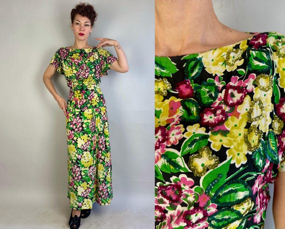 1940s Festive Feminine Gown | Vintage 40s Pink Yellow Chartreuse & Green on Black Floral Silk Crepe Dress w/Gelatin Sequins | Extra Large XL