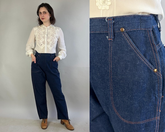 1950s Diggin' It Dungarees | Vintage 50s Classic Dark Blue Denim Jeans Pants w/Orange Top Stitching Large Pockets & Side Zipper | Large
