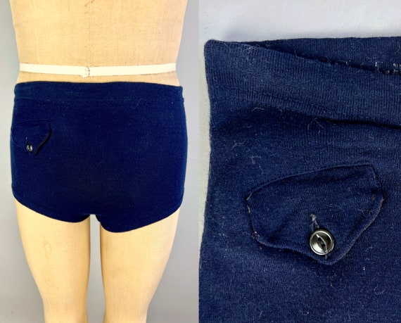 1940s In The Navy Swim Trunks | Vintage 40s WWII US Navy Blue Wool Knit Bathing Suit Swimsuit Swimwear | Small