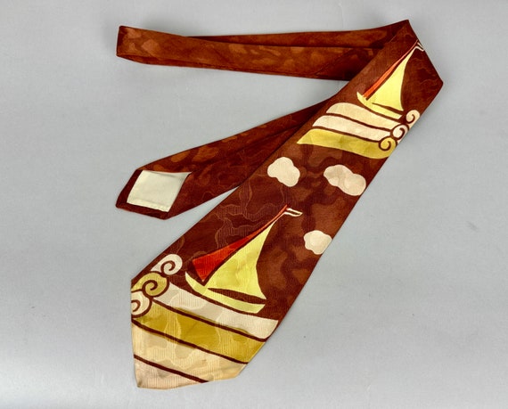 1940s Sailing on the Sea of Dreams Necktie | Vintage 40s Brown Yellow and Orange Sail Boat and Clouds Silk Self Tie Cravat by "Smoothie"