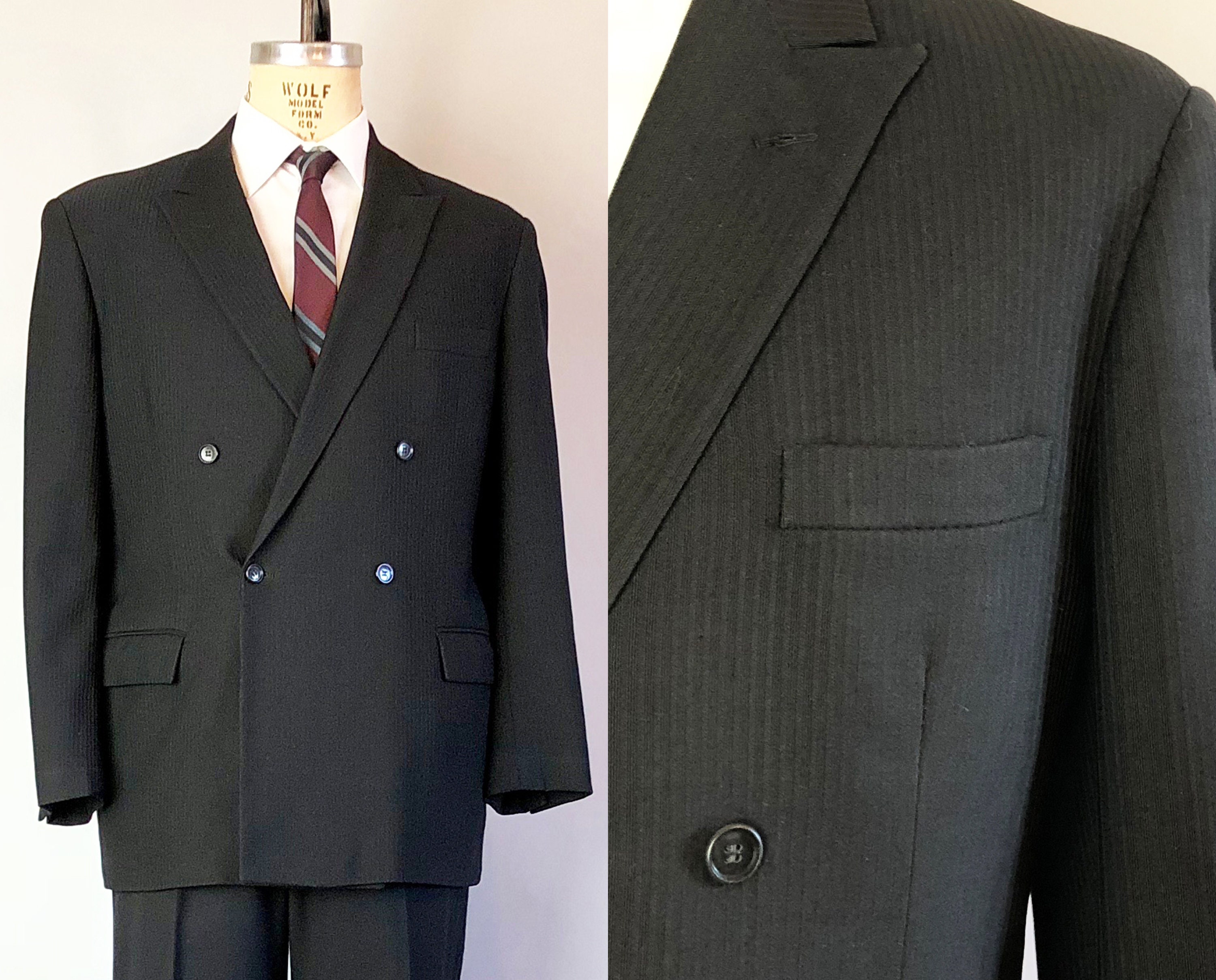 1950s Peak Lapel Mens Blazer | Vintage 50s Jet Black Wool Ventless