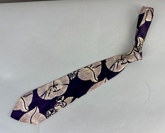 1940s Big Leaf Big Night Necktie | Vintage 40s Royal Purple Lavender and White Tropical Leaves Rayon Satin Self Tie Cravat