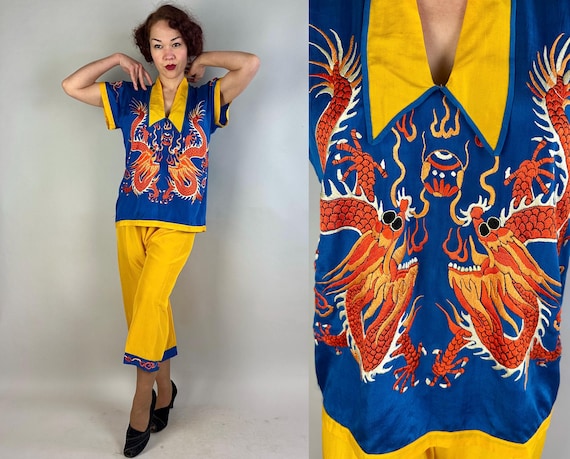 1920s Lucky Dragon Lounge Set | Vintage 20s Yellow and Blue Silk Top and Pants with Orange Black & White Embroidery | Small Medium Large