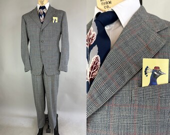 1940s Masterful Mr Suit | Vintage 40s Grey Red White and Blue Glen Plaid Wool Two Piece Jacket & Trousers Dated 4/25/1944! | Size 40 Medium
