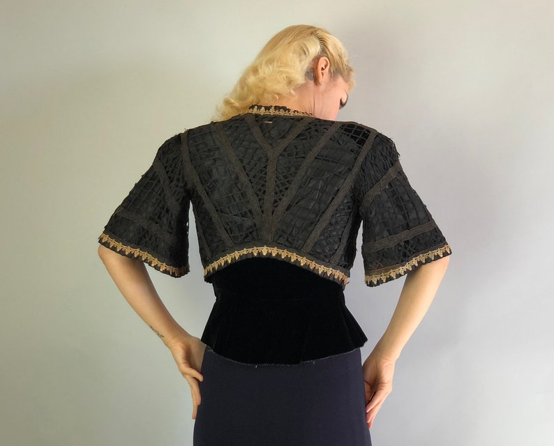 Small Vintage 1900s Jacket Victorian Black Silk Bolero Shrug wLarge Hole Net Outer Ecru Tulip Lace Trim and Elbow Length Bell Sleeves