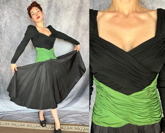 1940s Vivacious Vert Vamp Dress | Vintage 40s Black Rayon Jersey & Taffeta Cocktail Color Block Gown w/ Absinthe Green Faux Corset | Medium