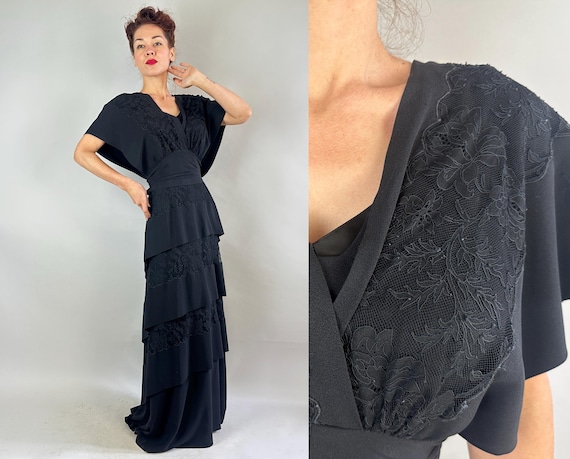 1940s Midnight Vixen Gown | Vintage 40s Black Rayon Crepe Floor Length Three Tiers Dress with Stripes of Inset Lace | Large Extra Large XL