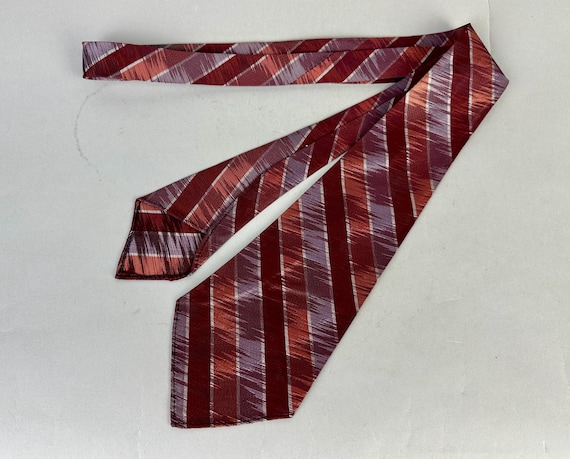 1930s Stormy Stripes Necktie | Vintage 30s Red Purple Orange Silk Self Tie Cravat with Diagonal Stripes and Storm Streaks
