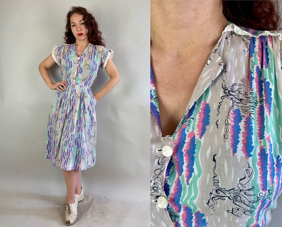 1940s Sassy Sally Springtime Frock | Vintage 40s Pastel Blue Pink and Green Watercolor & Pen Line Novelty Cotton Dress w/ White Lace | Small
