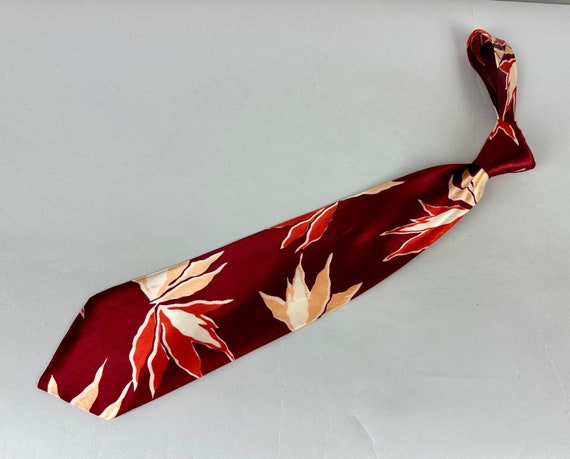 1940s Falling Leaves Necktie | Vintage Mens 40s Red White and Peach Rayon Satin Self Tie Cravat with Pointy Leaf Pattern