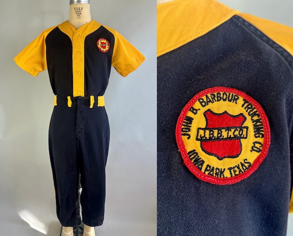 1930s Play Ball Baseball Uniform | Vintage 30s Black and Yellow Cotton Twill Shirt & Trousers Trucking Team Set w/Embroidered Patch | Medium