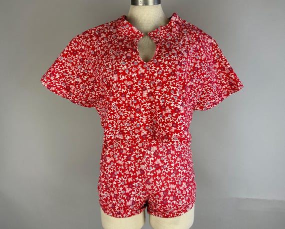 1930s Caped Escapades Play Set | Vintage 30s Red Blue & White Cotton Bloomer Shorts and Capelet Top Two-Piece Playsuit | Small Medium Large