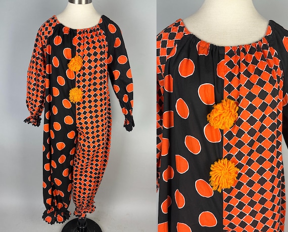 1950s Clowning Around Jumpsuit | Vintage 50s Halloween Circus Clown Costume Orange and Black Cotton Harlequin Romper | Small Medium