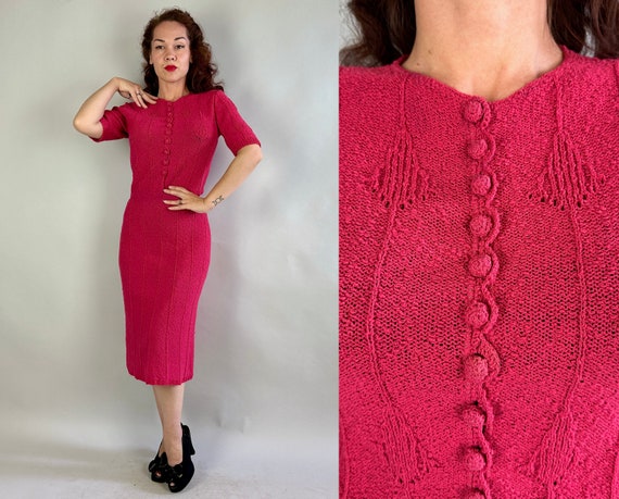 1950s Pink Perfection Knit Dress | Vintage 50s Bright Nubby Boucle Wool Sweater Curve Hugging Knitwear Frock | Medium Large Extra Large XL