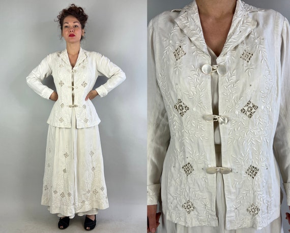 1910s Wandering in White Suit Ensemble | Vintage Antique Teens Summer Linen Jacket and Skirt Set with Embroidery and Lacey Openwork | Medium