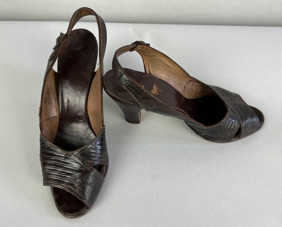 1950s Lucky Lizard Slingbacks | Vintage 50s Coffee Bean Brown Faux Reptile Leather Pumps Shoes Heel Sandals with Open Toe |Size US 7.5 7&1/2