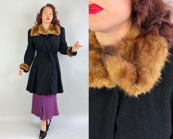 1940s Wrapped in Winter Coat | Vintage 40s Boucle Black Wool Fit and Flare Coat with Beaver Fur Collar & Cuffs and Tie Belt | Small Medium