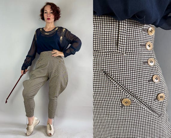 1930s Out With the Hounds Breeches | Vintage 30s Black & White Houndstooth Wool Jodhpurs Riding Pants with Side Buttons Dated 1931! | Small