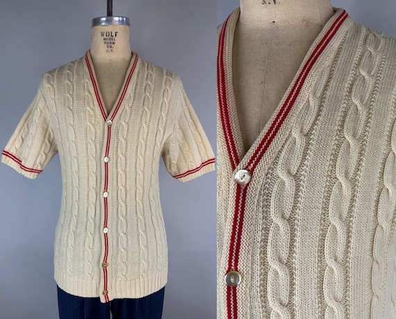 1950s How About a Game of Cricket Cardigan | Vintage 50s White Wool Cable Knit Short Sleeve Button Up Sweater with Red Stripes | Large
