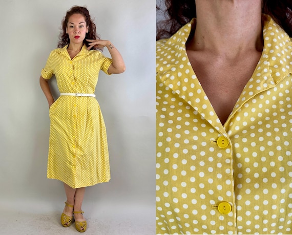 1950s Ray of Sunshine Culottes Dress | Vintage 50s Yellow and White Polkadot Cotton Day Frock w/Hidden Pants Playsuit | Large Extra Large XL