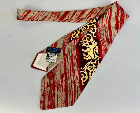 1940s A Lion And His Stripes Necktie | Vintage 40s Wide Silk Brocade Red and Silver Diagonal Stripes with Lion Scrollwork Self Tie