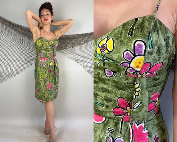 1950s Pop Art Paradise Dress | Vintage 50s Green Pink Yellow & Purple Artsy Floral Cotton Hawaiian Faux Wrap Sarong Pinup Sun Frock | Small
