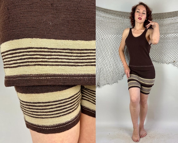 1920s Cream in Your Coffee Bathing Suit | Vintage Antique 20s Brown & Beige Stripe Wool Knit One Piece Swimsuit | Small Medium Large XL