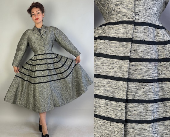 1950s Never A Dull Moment New Look Lilli Ann Coat | Vintage 50s Silver Grey Silk Mohair Rhinestones Black Stripes Princess Jacket | Small XS