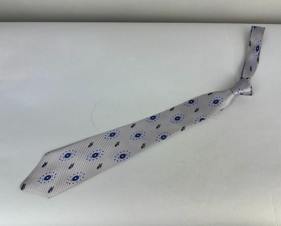1950s Blue Angels Necktie | Vintage 50s Silver Ribbed Silk Self Tie Cravat with Angel Wings and Azure Star Emblems