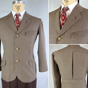Kurtka z paskiem z tyłu w stylu Hounds z lat 30. XX wieku | Sportowy płaszcz w stylu Houndstooth z lat 30. w odcieniach brązu z zakładkami pudełkowymi i otworami wentylacyjnymi | Rozmiar 38, średni, krótki