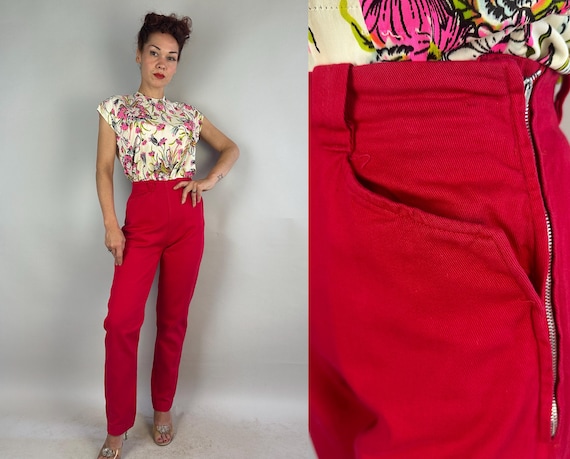 1950s Mama Mia Spicy Cigarette Pants | Vintage 50s Red Cotton Twill High Waisted Tapered Bad Girl Trousers w/Side Zip | Extra Small XS
